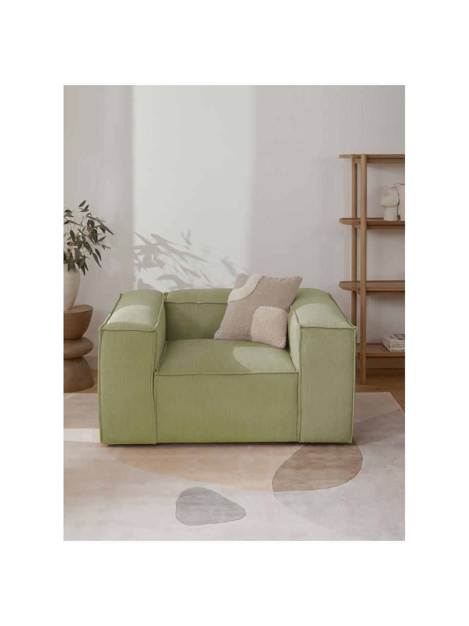 Fauteuil Lennon van corduroy, Bekleding: corduroy (92% polyester, , Frame: massief grenenhout, multi, Poten: kunststof Dit product is , Corduroy olijfgroen, B 130 x H 101 cm