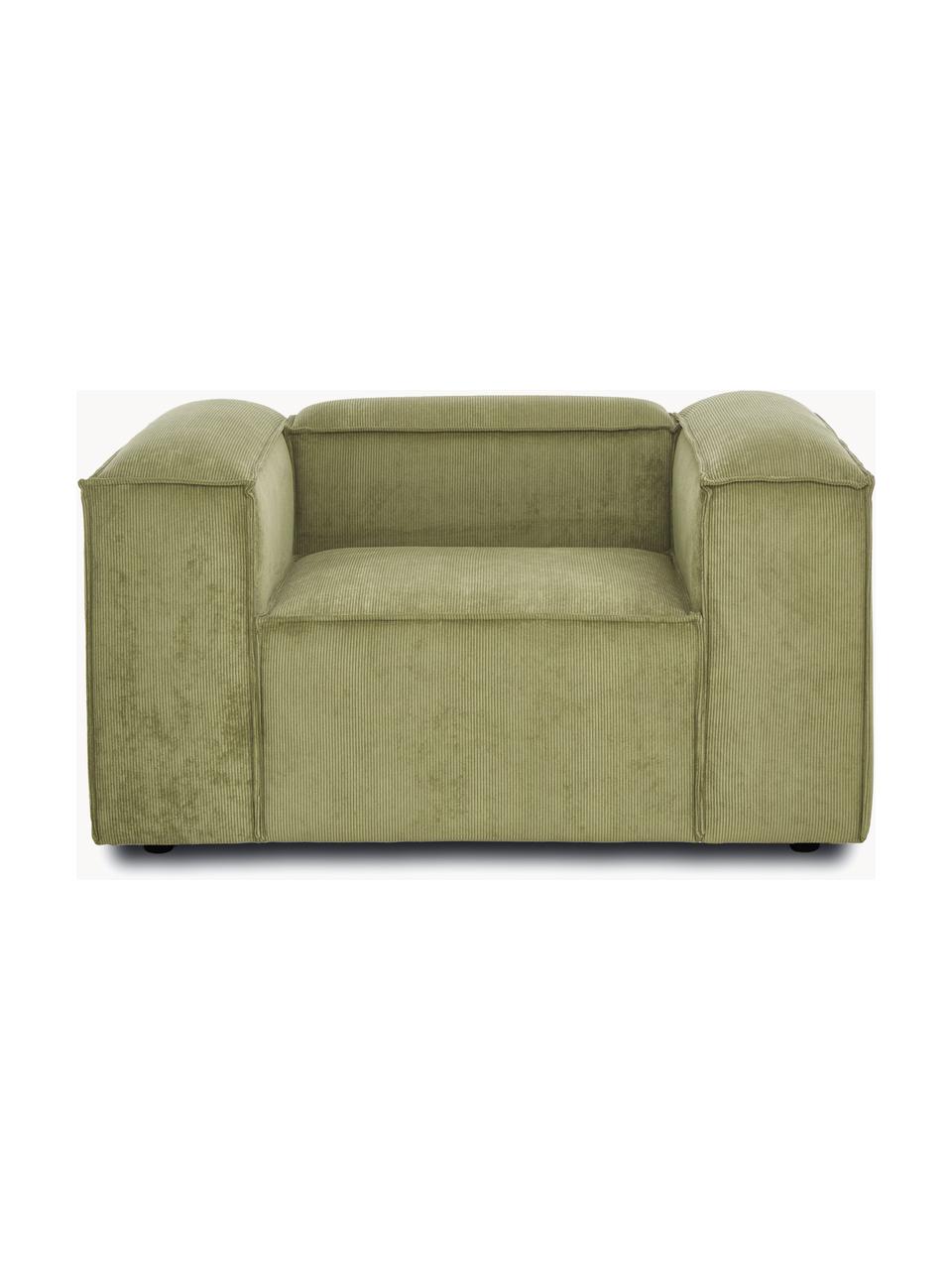 Fauteuil Lennon van corduroy, Bekleding: corduroy (92% polyester, , Frame: massief grenenhout, multi, Poten: kunststof Dit product is , Corduroy olijfgroen, B 130 x H 101 cm