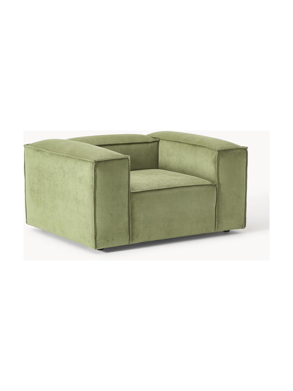 Fauteuil Lennon van corduroy, Bekleding: corduroy (92% polyester, , Frame: massief grenenhout, multi, Poten: kunststof Dit product is , Corduroy olijfgroen, B 130 x H 101 cm