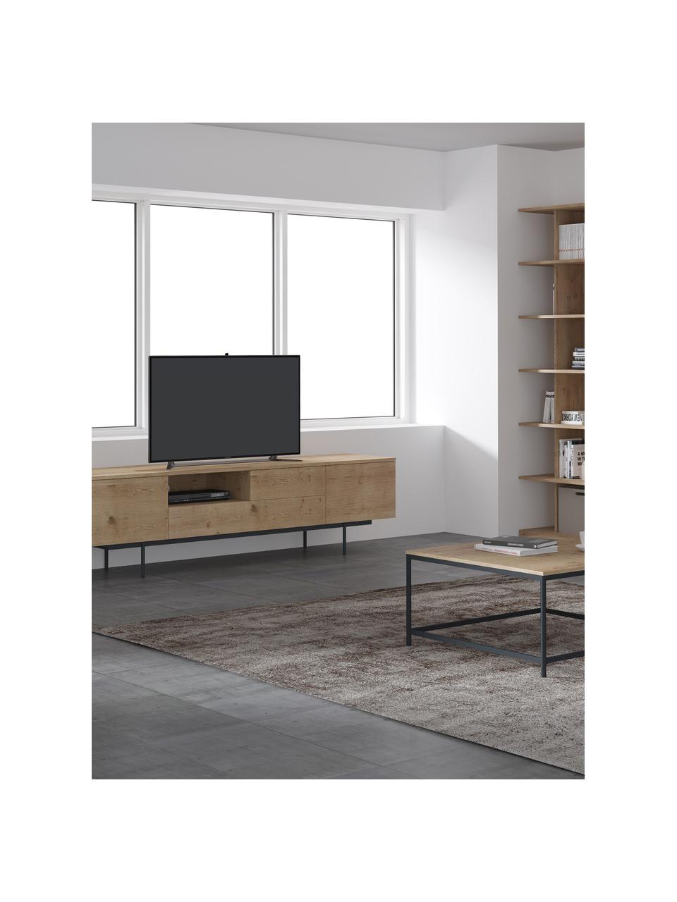 TV-Konsole Allure mit Türen und Schubladen aus Eichenholzfurnier, Korpus: Spannplatte mit Eichenhol, Füße: Metall, lackiert, Holz, B 200 x H 55 cm