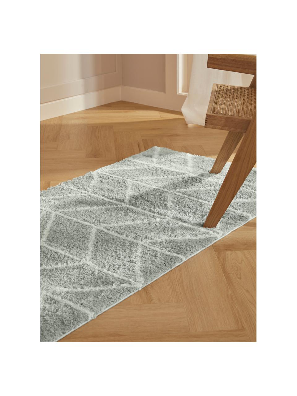 Alfombra corredor de pelo largo Cera, Parte superior: 100% polipropileno, Reverso: 78% yute, 14% algodón, 8%, Gris, blanco crema, An 80 x L 250 cm