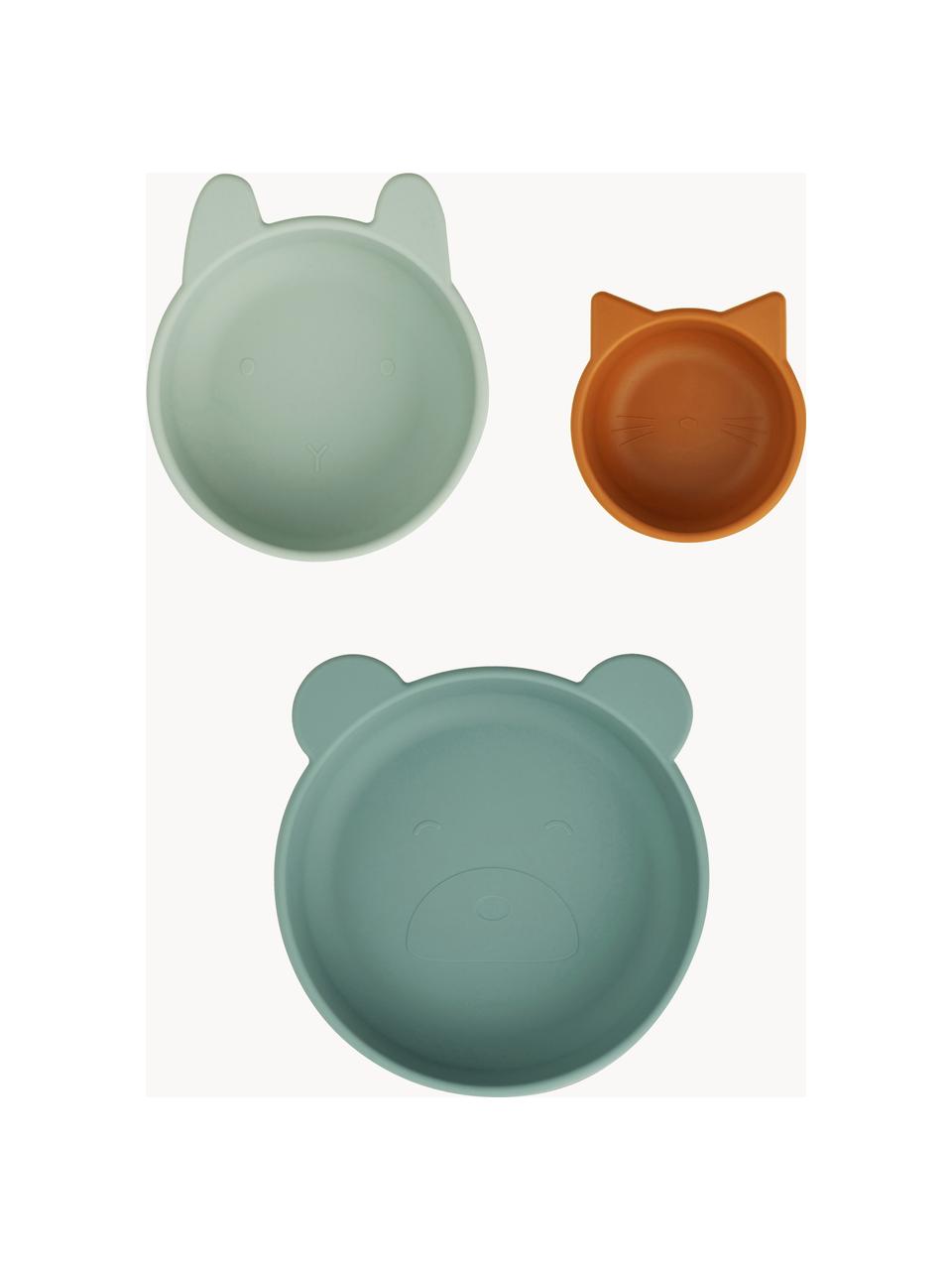 Assiettes pour enfant Eddie, 3 élém., 100 % silicone, Vert sauge, vert menthe, brun clair, Lot de différentes tailles