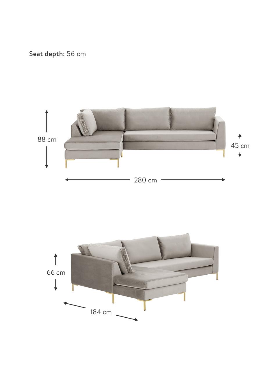 Sofa narożna z aksamitu z metalowymi nogami Luna, Tapicerka: aksamit (poliester) Dzięk, Nogi: metal galwanizowany, Beżowy aksamit, S 280 x G 184 cm, lewostronna