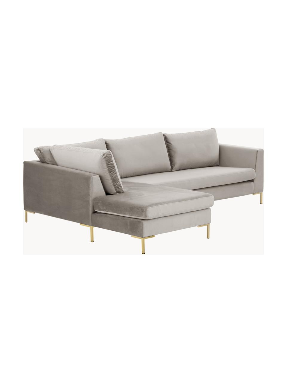 Sofa narożna z aksamitu Luna, Tapicerka: aksamit (100% poliester) , Stelaż: lite drewno bukowe, sklej, Nogi: metal galwanizowany, Greige aksamit, S 280 x G 184 cm, lewostronna