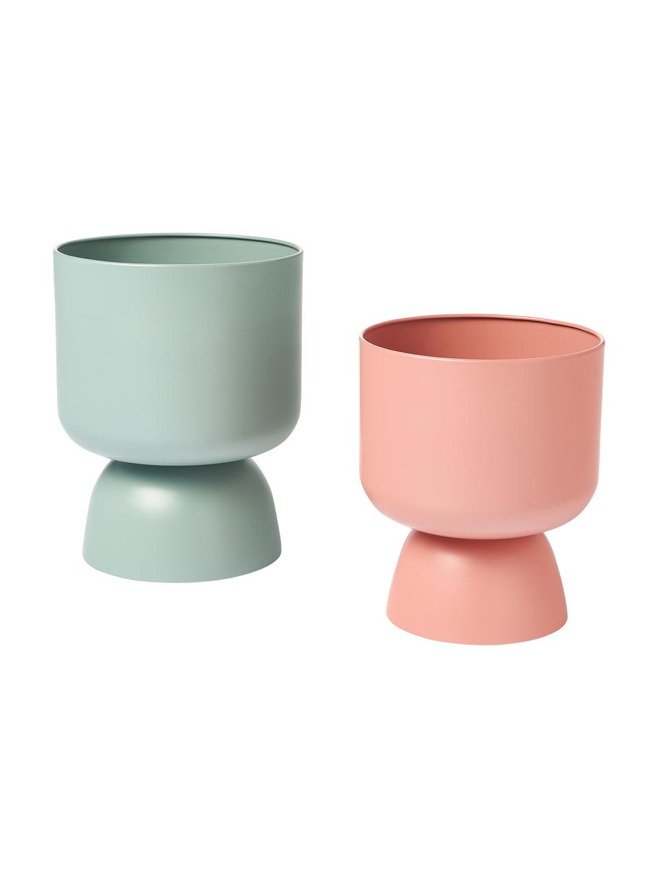 Set de maceteros Kanta, 2 uds., Metal recubierto, Verde menta, salmón, Set de diferentes tamaños