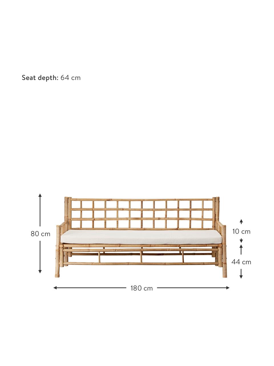 Sofa z drewna bambusowego z tapicerowanym siedziskiem (3-osobowa), Stelaż: drewno bambusowe, surowe, Drewno bambusowe, kremowobiały, S 180 x G 70 cm