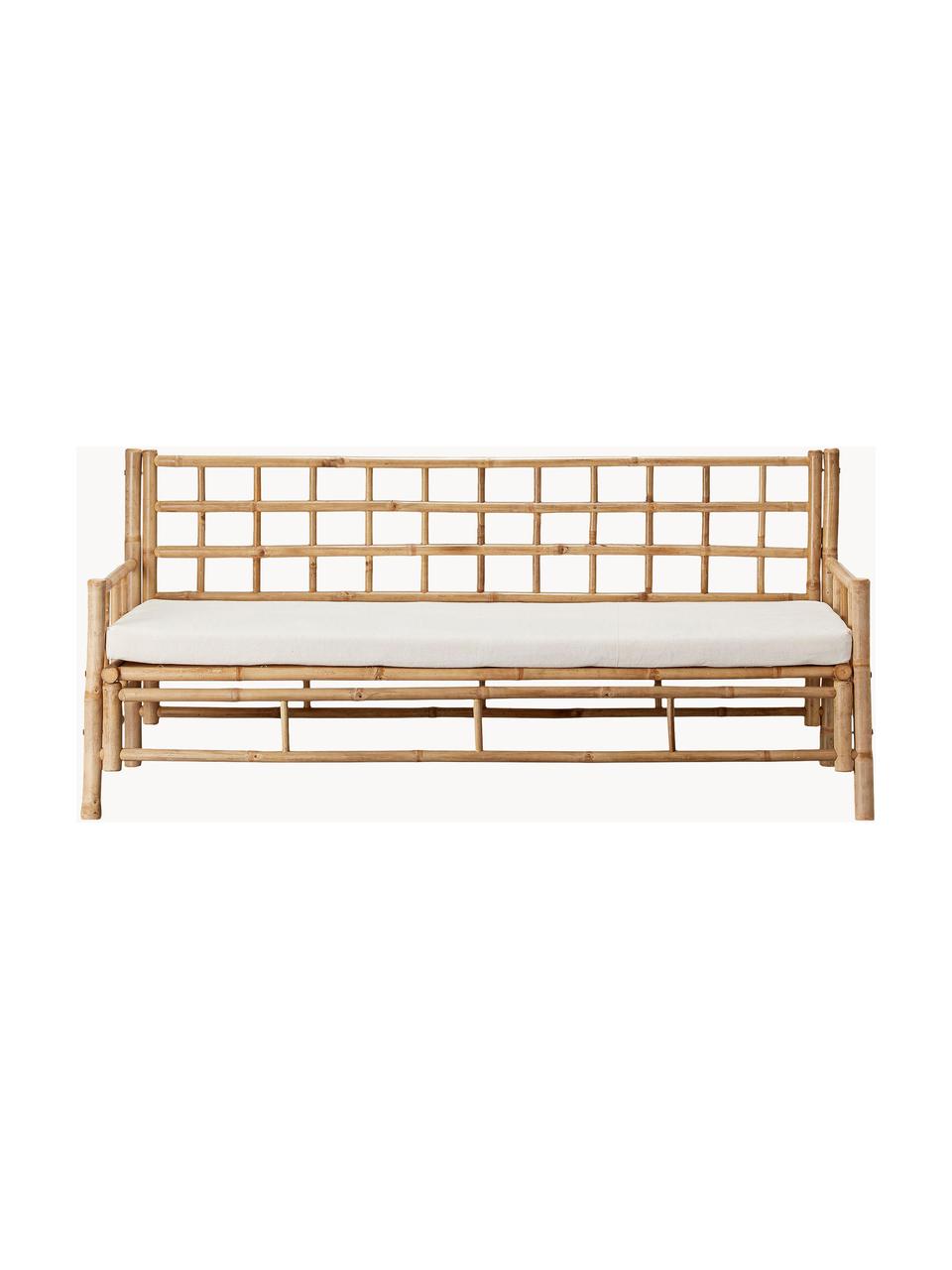 Sofa z drewna bambusowego z tapicerowanym siedziskiem (3-osobowa), Stelaż: drewno bambusowe, surowe, Drewno bambusowe, kremowobiały, S 180 x G 70 cm