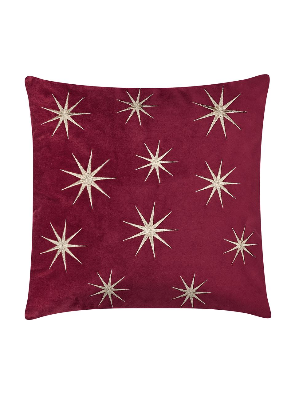 Bestickte Samt-Kissenhülle Stars mit winterlichen Sternenmotiven, Rot, 45 x 45 cm