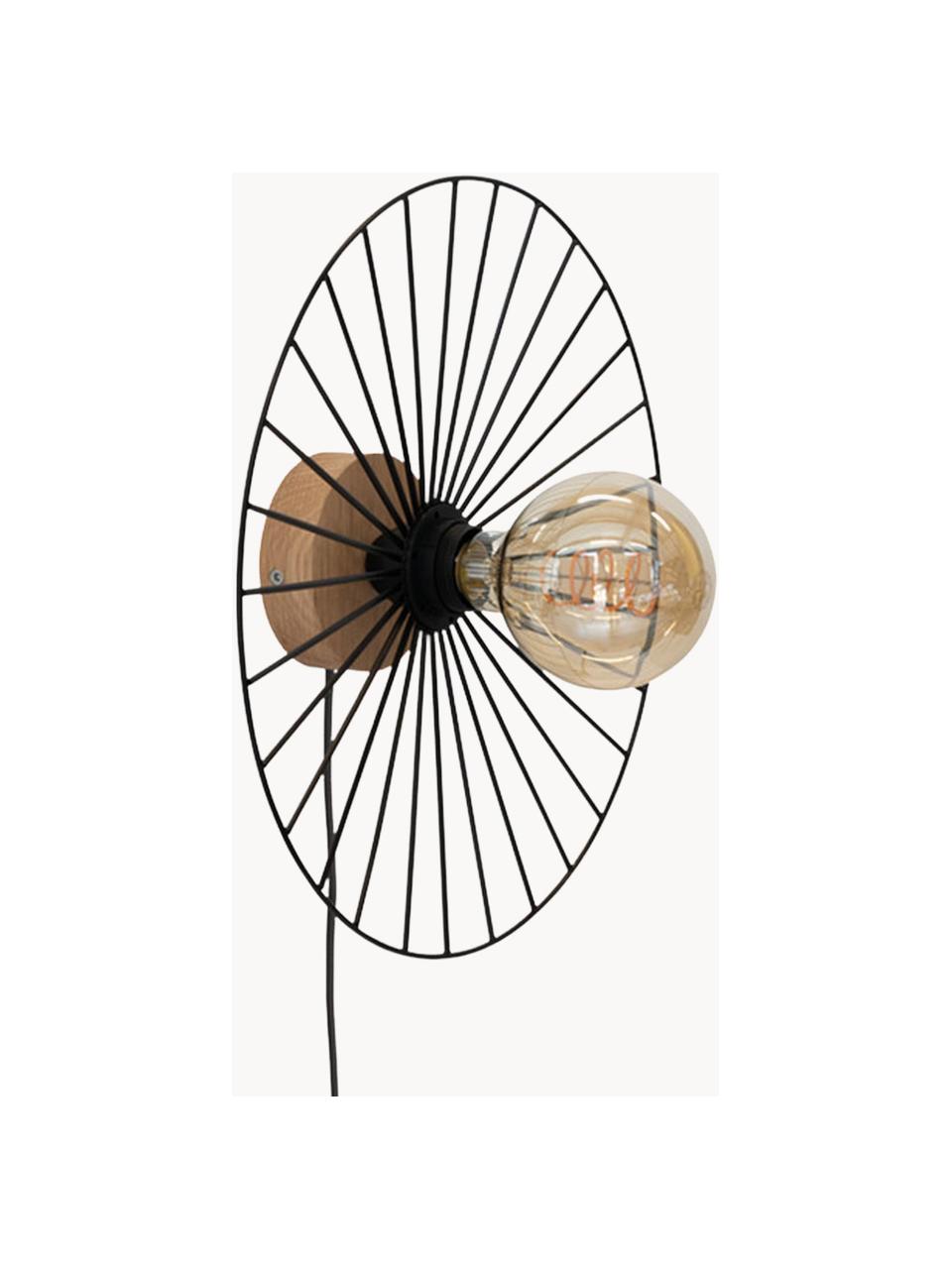 Design wandlamp Antonella met stekker, Lampenkap: gecoat metaal, Zwart, eikenhoutkleurig, Ø 35 cm