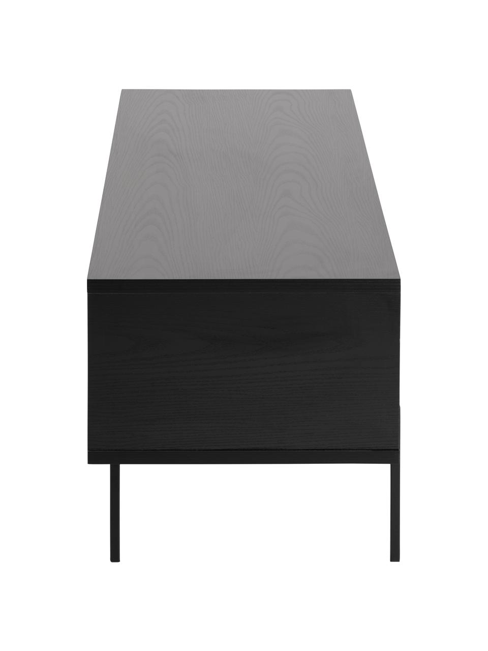 Tv-meubel Angus in zwart, Frame: MDF, melamine bekleed, Poten: gepoedercoat metaal, Zwart, 140 x 45 cm