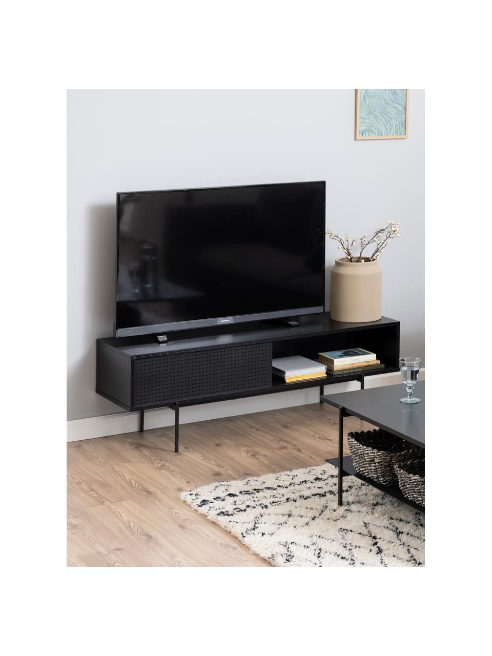 Mueble TV Angus, Estructura: tablero de fibras de dens, Patas: metal con pintura en polv, Madera pintado negro, An 140 x Al 45 cm