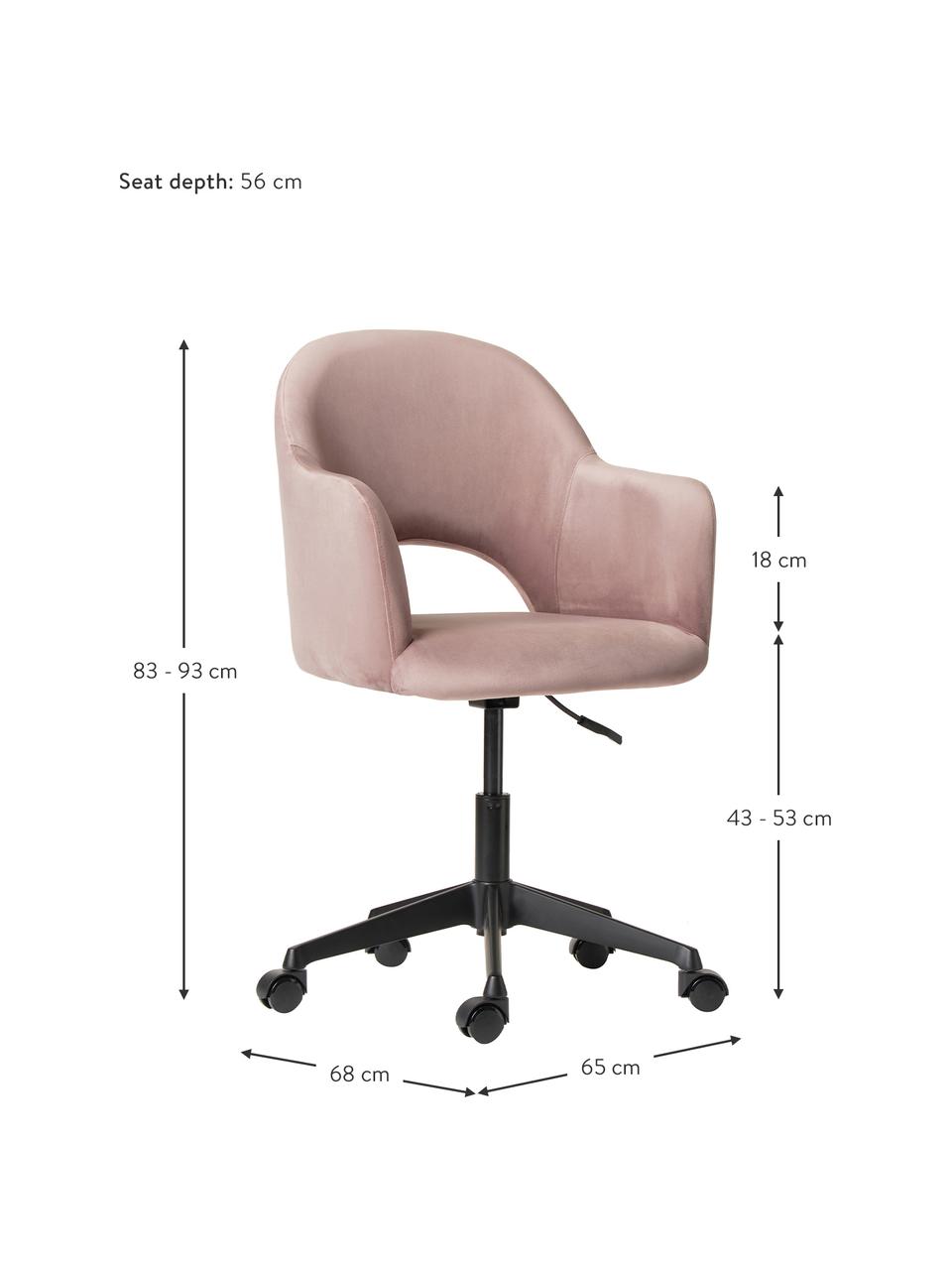 Sametové kancelářské otočné křeslo s područkami Rachel, výškově nastavitelné, Růžová, Š 65 cm, H 68 cm