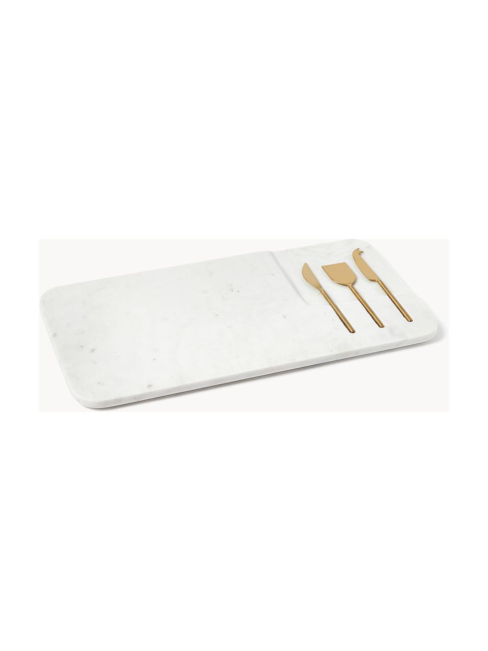 Servierplatte Jaya mit Käsemessern, 4er-Set, Messer: Metall, Weiß marmoriert, Goldfarben, B 48 x T 22 cm
