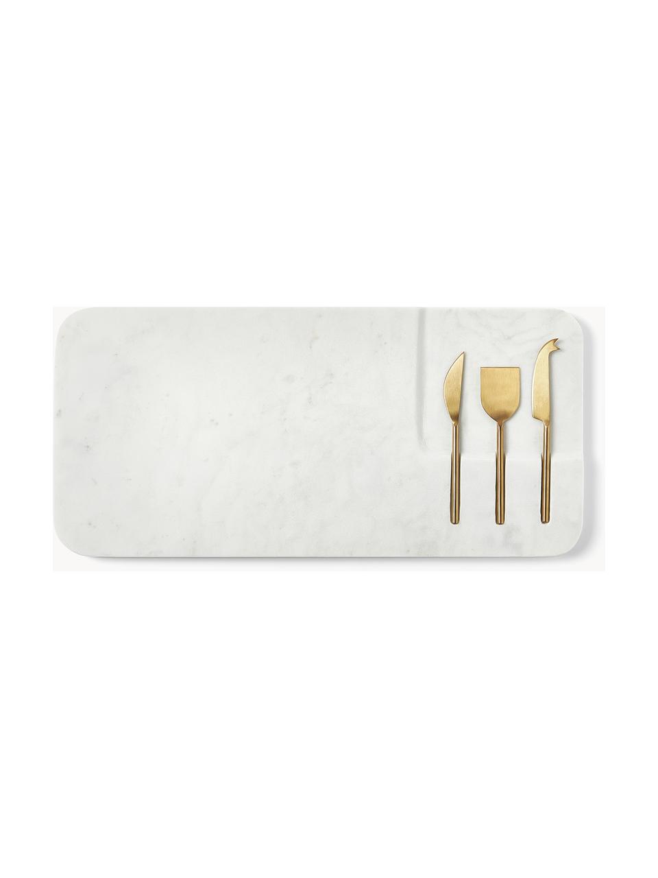 Servierplatte Jaya mit Käsemessern, 4er-Set, Messer: Metall, Weiß marmoriert, Goldfarben, B 48 x T 22 cm