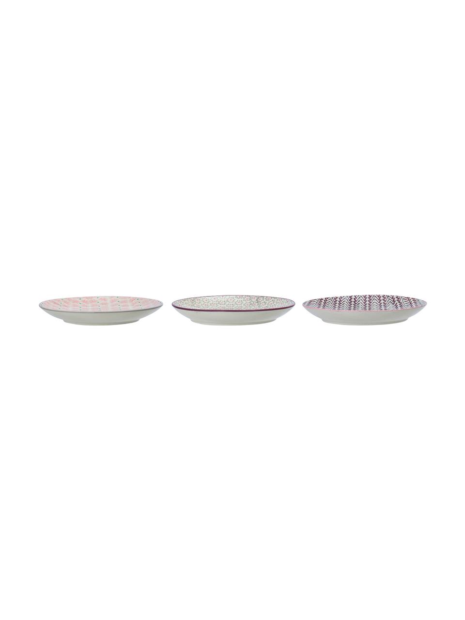 Handgemaakte ontbijtborden Maya met speels patroon, set van 3, Keramiek, Crèmewit, groen, roze, lila, Ø 22 cm