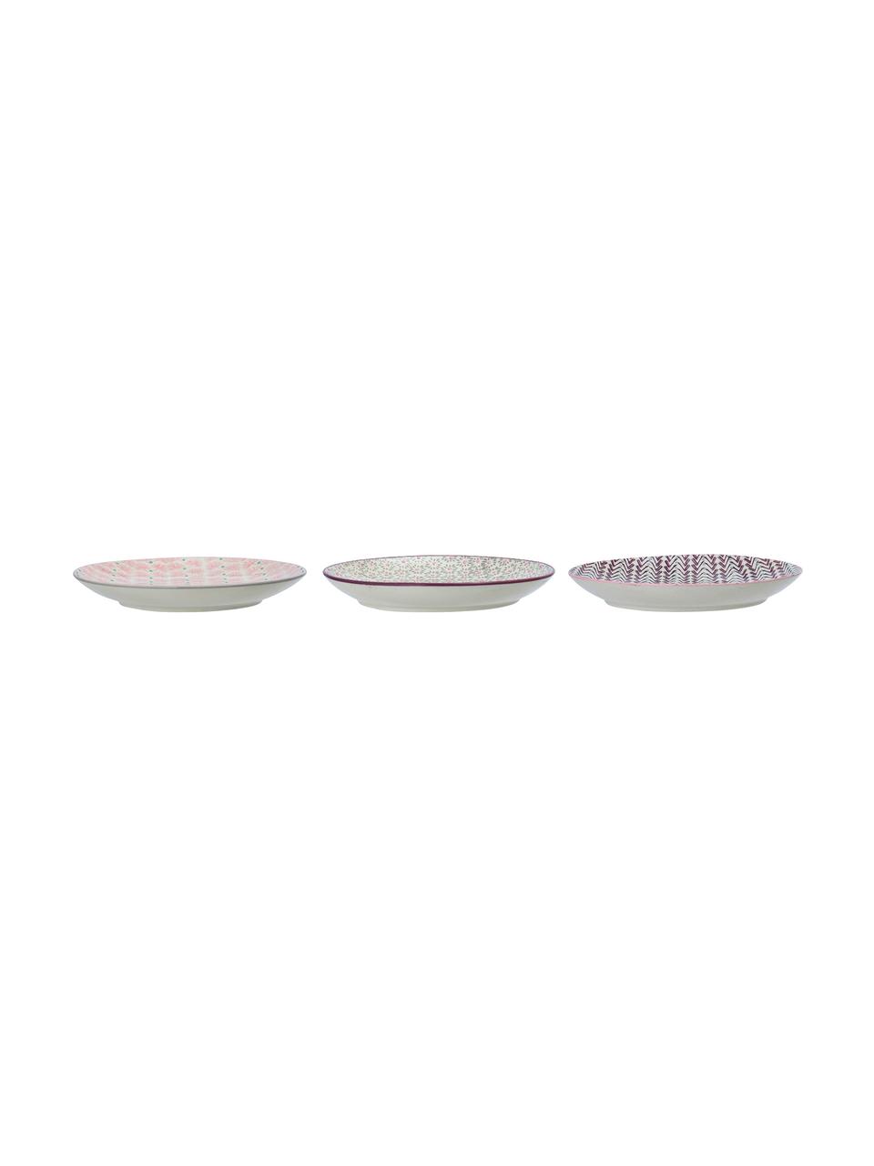 Komplet ręcznie wykonanych talerzy śniadaniowych Maya, 3 elem., Kamionka, Złamana biel, zielony, blady różowy, purpurowy, Ø 22 cm