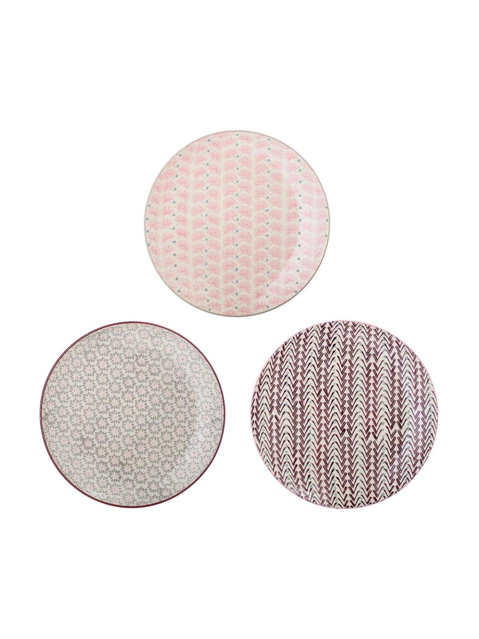 Handgemaakte ontbijtborden Maya met speels patroon, set van 3, Keramiek, Crèmewit, groen, roze, lila, Ø 22 cm