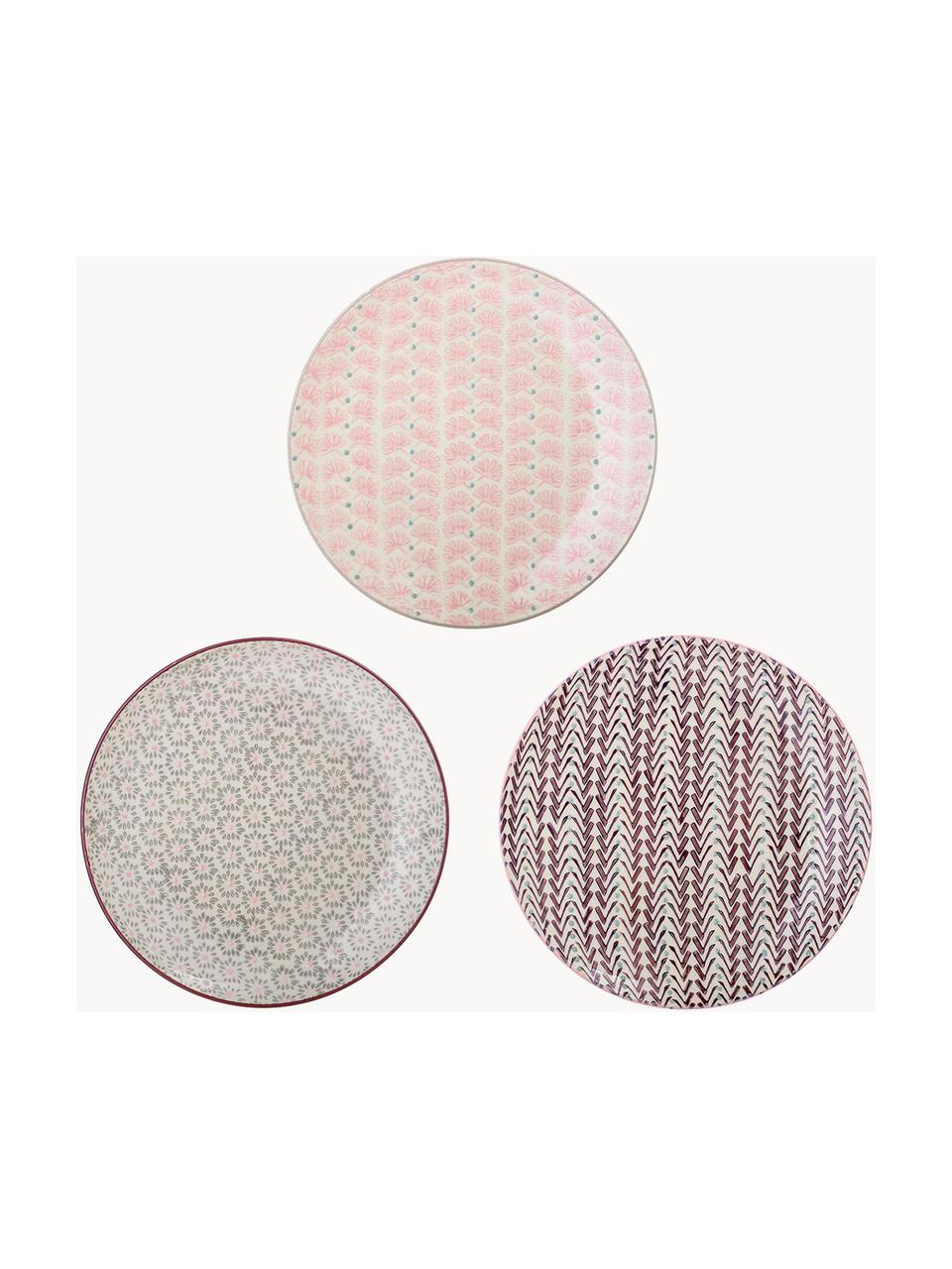 Set 3 piattini da colazione fatti a mano con motivi giocosi Maya, Gres, Bianco crema, verde, rosa, lilla, Ø 22 cm