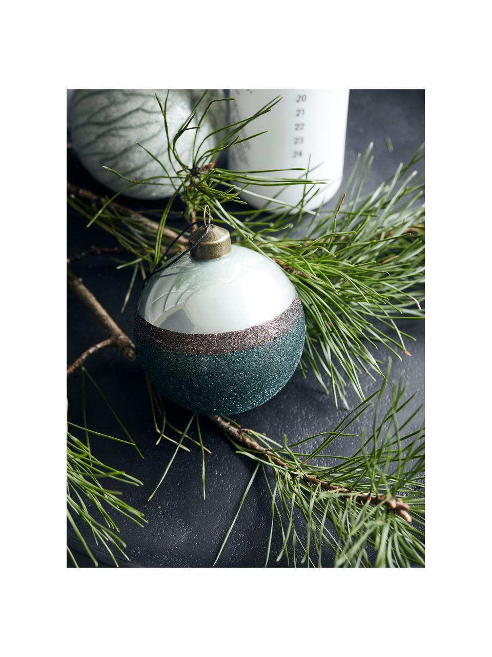 Kerstballen Stripe, 4 stuks, Glas, Mintgroen, bruin, petrol, Ø 8 x H 9 cm