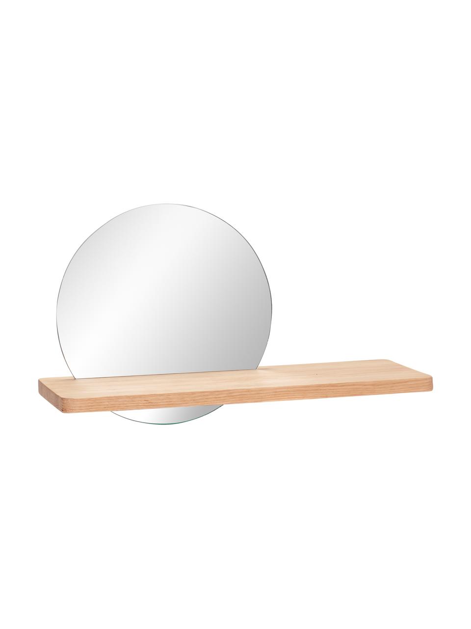 Kulaté nástěnné zrcadlo s policí Balance, Světlé dřevo, Š 52 cm, V 26 cm