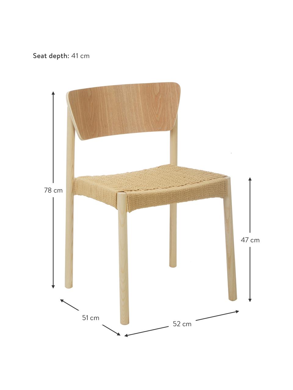 Houten stoelen Danny met rotan zitvlak, 2 stuks, Frame: massief beukenhout, Zitvlak: papier rotan, Licht hout, 52 x 51 cm