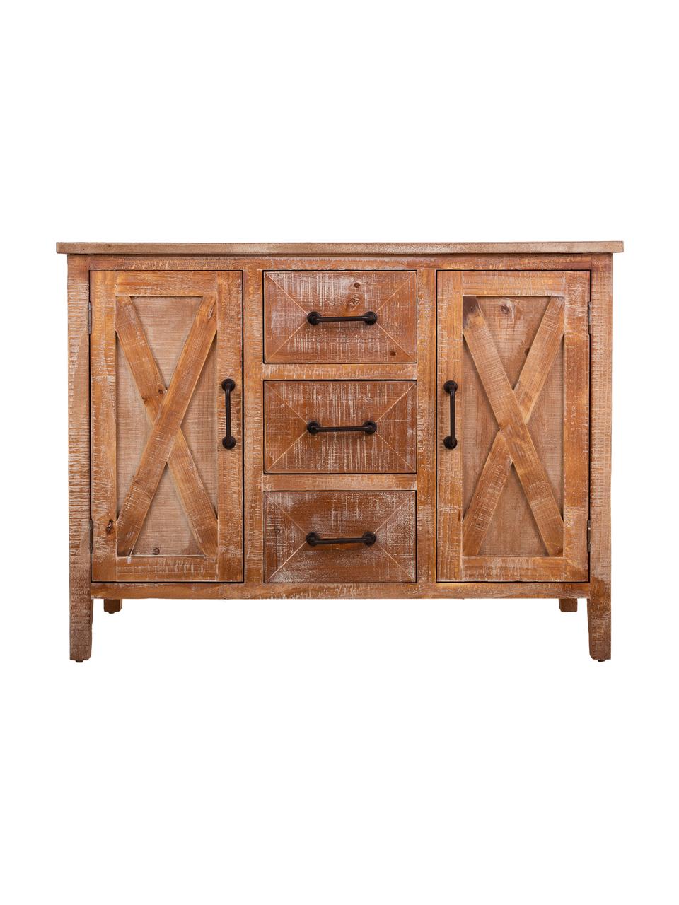 Credenza in legno di pino marrone chiaro Alba, Maniglie: metallo rivestito, Marrone chiaro, nero, Larg. 91 x Alt. 69 cm