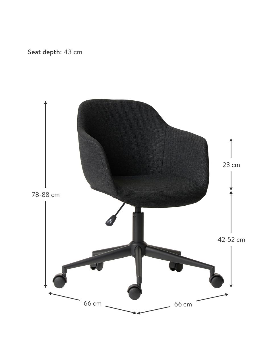 Gestoffeerde bureaustoel Fiji in zwart, Bekleding: 100% polyester, Frame: gepoedercoat metaal, Wieltjes: kunststof, Geweven stof zwart, B 66 x H 66 cm