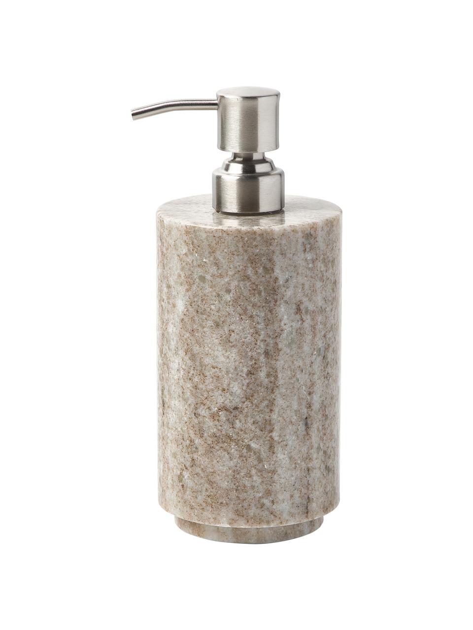 Marmeren zeepdispenser Simba, Houder: marmer, Pompje: kunststof, Beige, gemarmerd, zilverkleurig, Ø 8 x H 19 cm