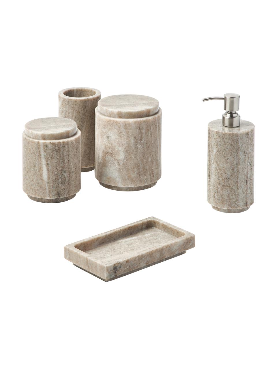 Marmor-Seifenspender Simba, Behälter: Marmor, Pumpkopf: Kunststoff, Beige, marmoriert, Silberfarben, Ø 8 x H 19 cm