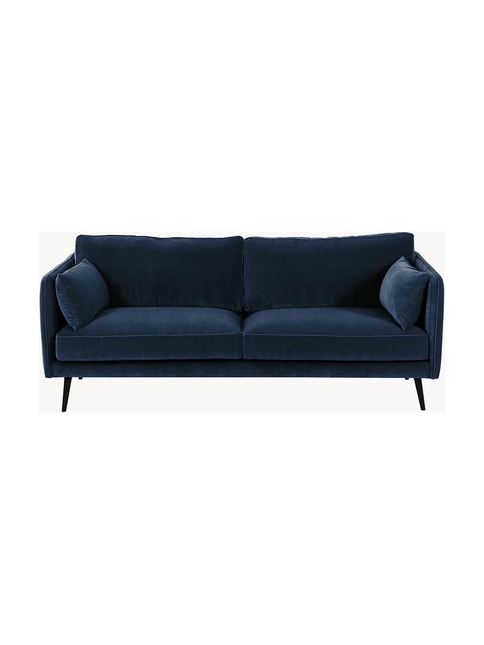 Samt-Sofa Paola (3-Sitzer) mit Holz-Füßen, Bezug: Samt (Polyester) Der stra, Gestell: Massives Fichtenholz, Spa, Füße: Lackiertes Fichtenholz, F, Samt Dunkelblau, B 209 x T 95 cm