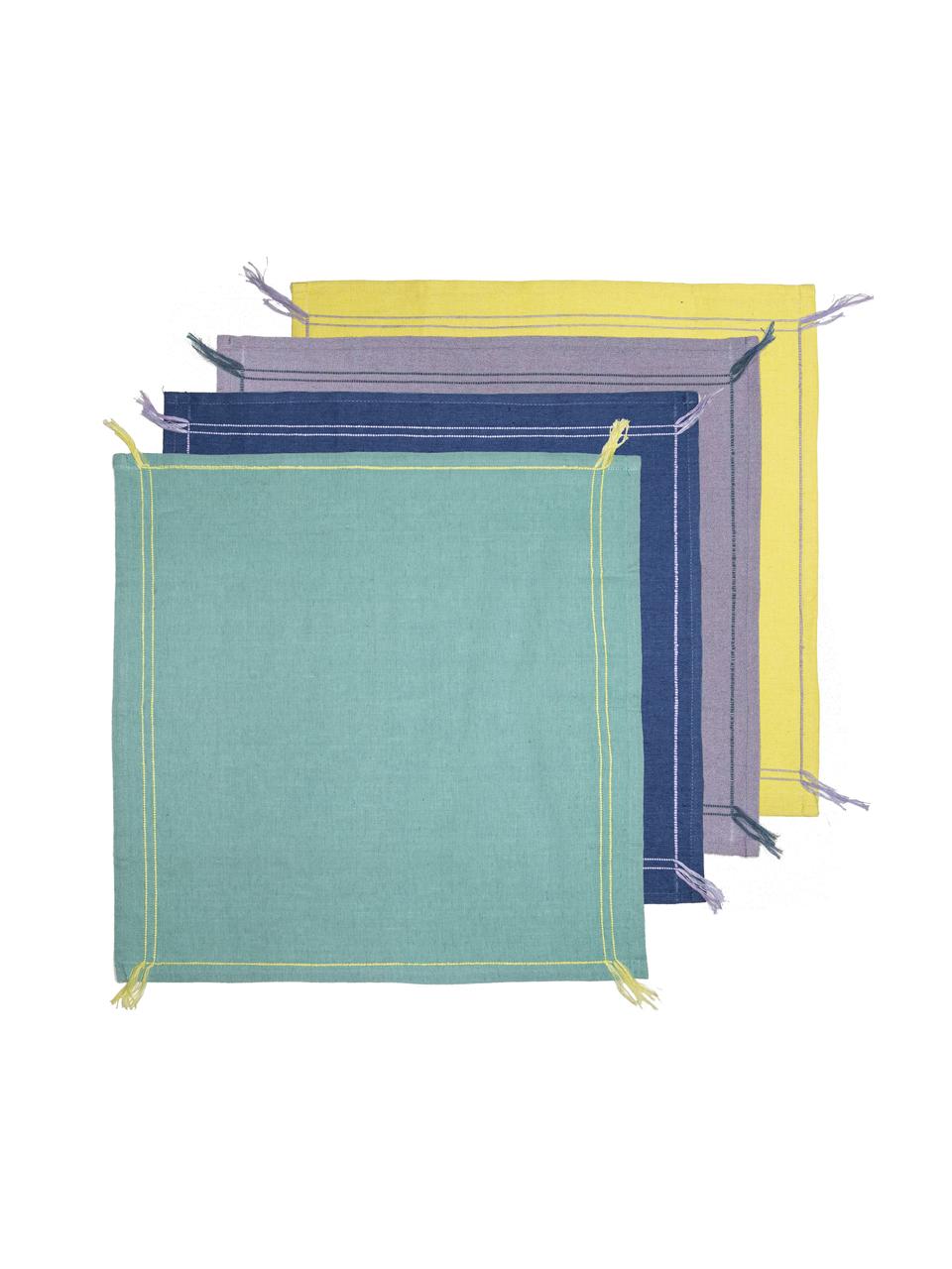 Set 4 tovaglioli di cotone con nappe Billie, Cotone, lino, Turchese, blu scuro, viola, giallo, Larg. 45 x Lung. 45 cm