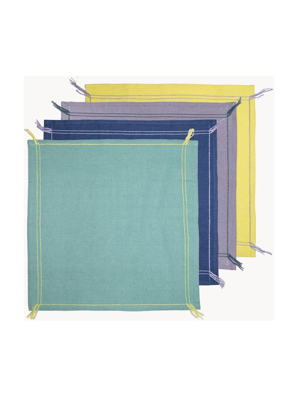 Set 4 tovaglioli in misto lino con nappe Billie, Cotone, lino, Turchese, blu scuro, viola, giallo, Larg. 45 x Lung. 45 cm