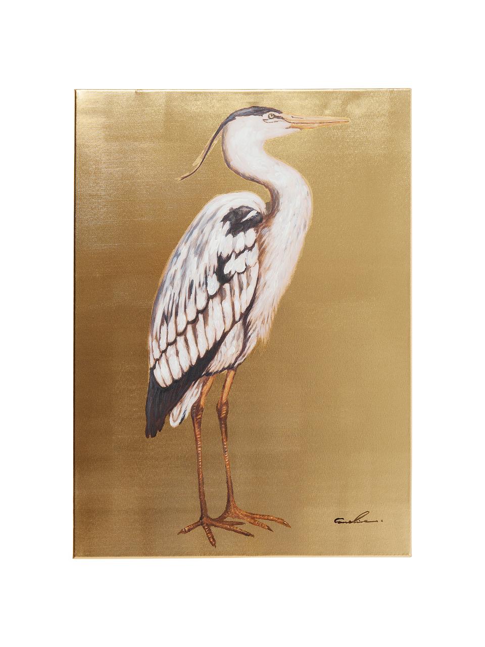 Bemalter Leinwanddruck Heron, Bild: Digitaldruck mit Acrylfar, Goldfarben, Weiß, Schwarz, B 50 x H 70 cm