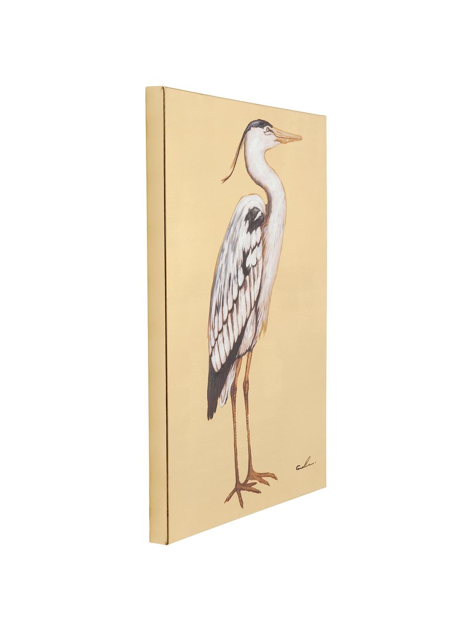 Impression sur toile peinte à la main Heron, Couleur dorée, blanc, noir, larg. 50 x haut. 70 cm