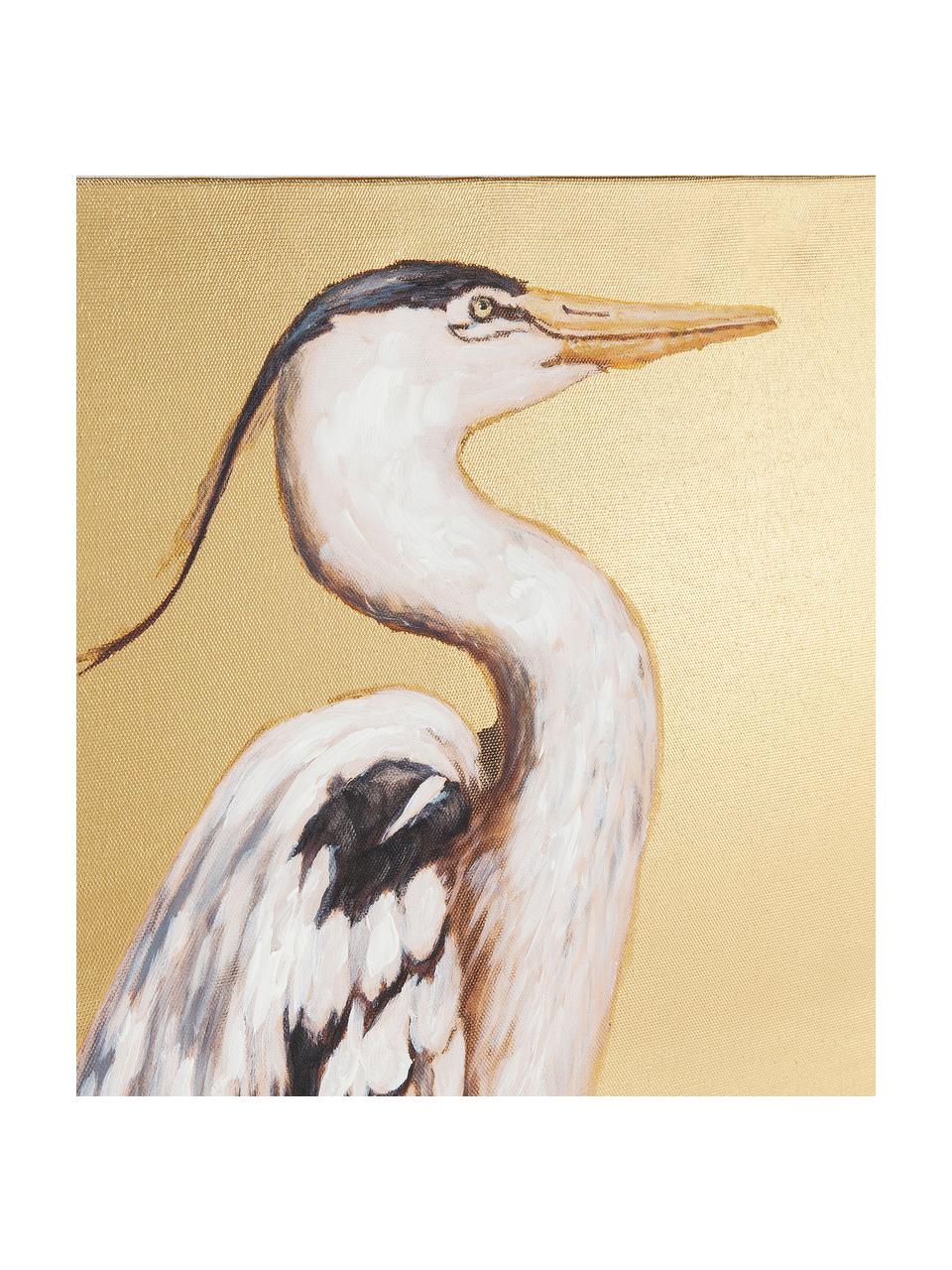 Bemalter Leinwanddruck Heron, Bild: Digitaldruck mit Acrylfar, Goldfarben, Weiss, Schwarz, B 50 x H 70 cm