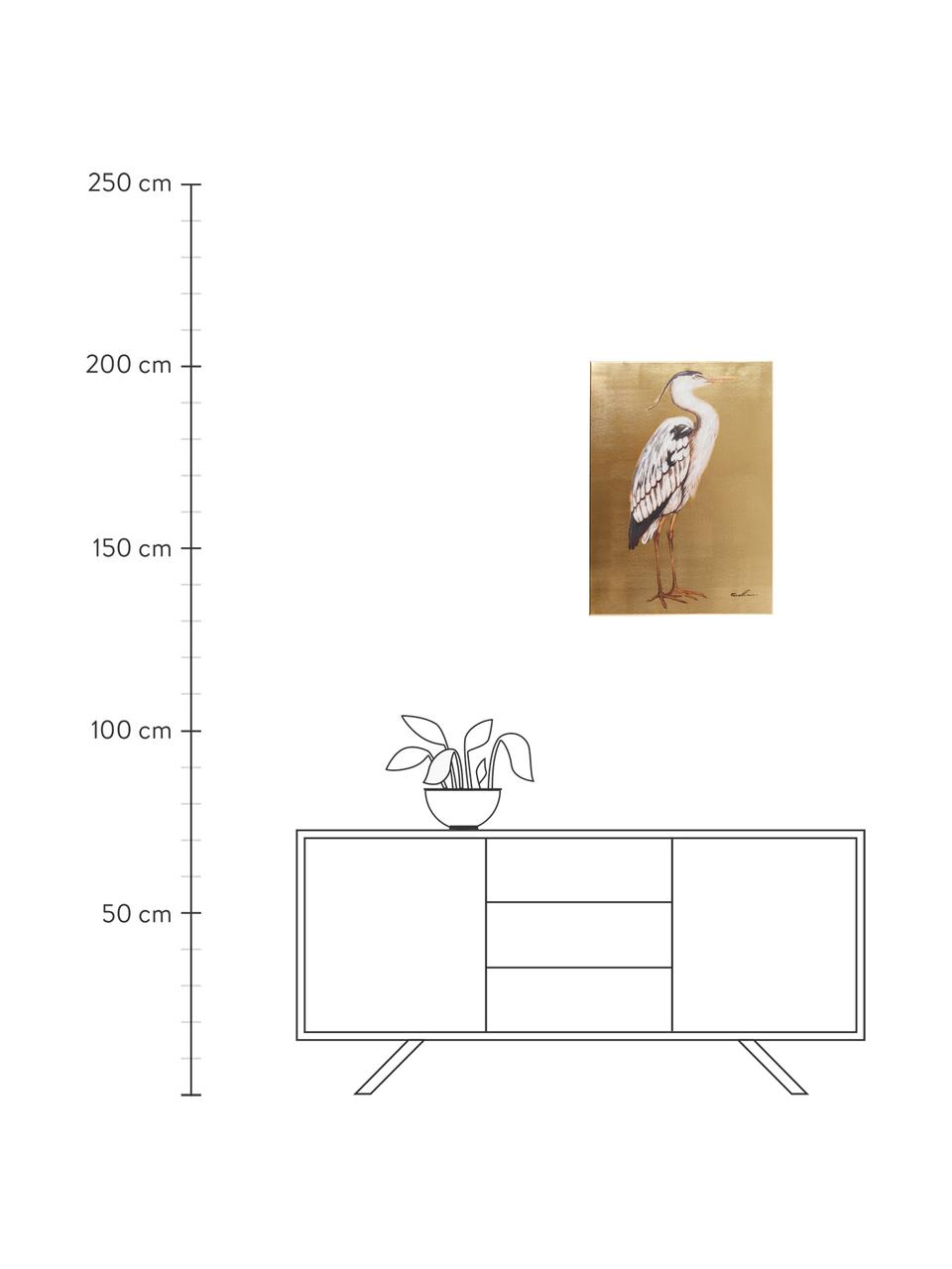 Bemalter Leinwanddruck Heron, Bild: Digitaldruck mit Acrylfar, Goldfarben, Weiss, Schwarz, B 50 x H 70 cm