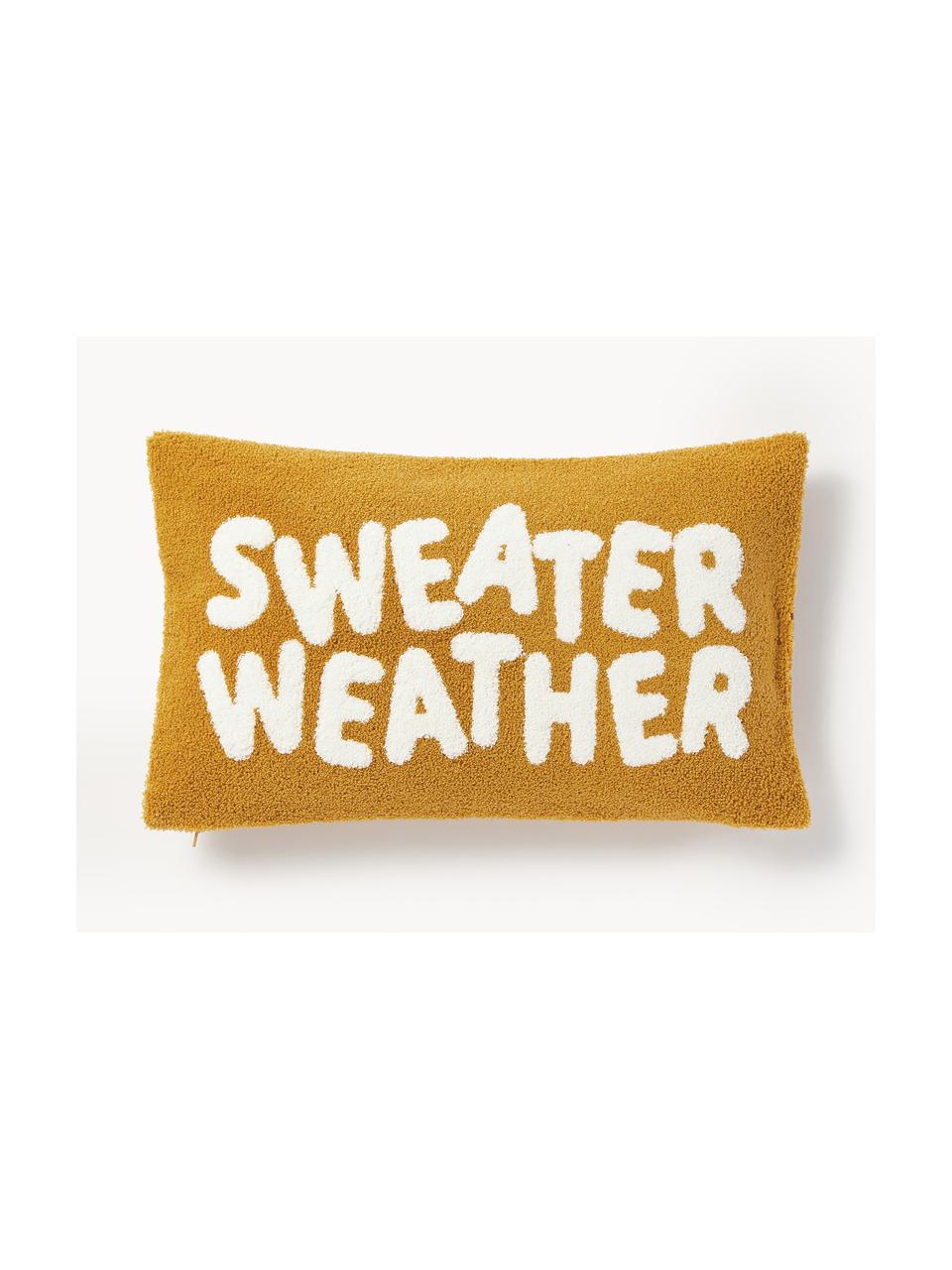 Housse de coussin hivernale avec slogan Janara, 100 % coton, Jaune moutarde, blanc, larg. 30 x long. 50 cm