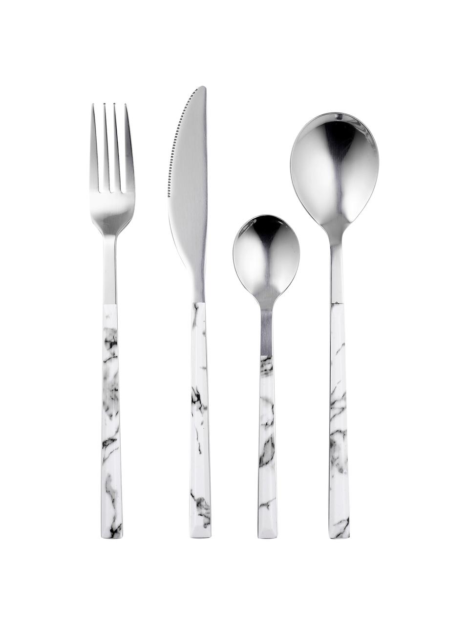 Bestekset Oslo met handvatten met marmerlook, 4 personen (16-delig), Edelstaal, kunststof (ABS), Wit, gemarmerd, edelstaalkleurig, L 22 cm