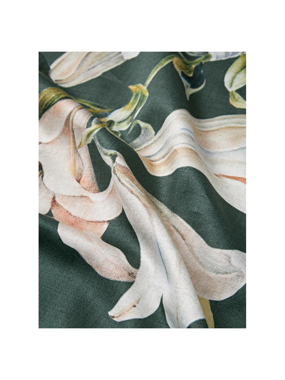 Housse de couette en satin de coton à imprimé floral Flori, Vert foncé, multicolore, larg. 200 x long. 200 cm