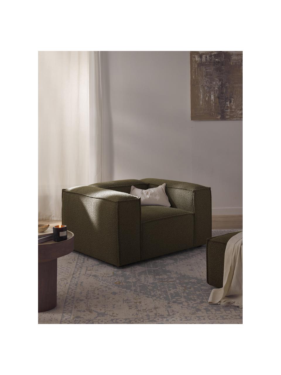 Sillón en tejido bouclé Lennon, Tapizado: tejido bouclé (100% polié, Estructura: madera contrachapada de p, Patas: plástico Este producto es, Bouclé verde oliva, An 130 x F 101 cm