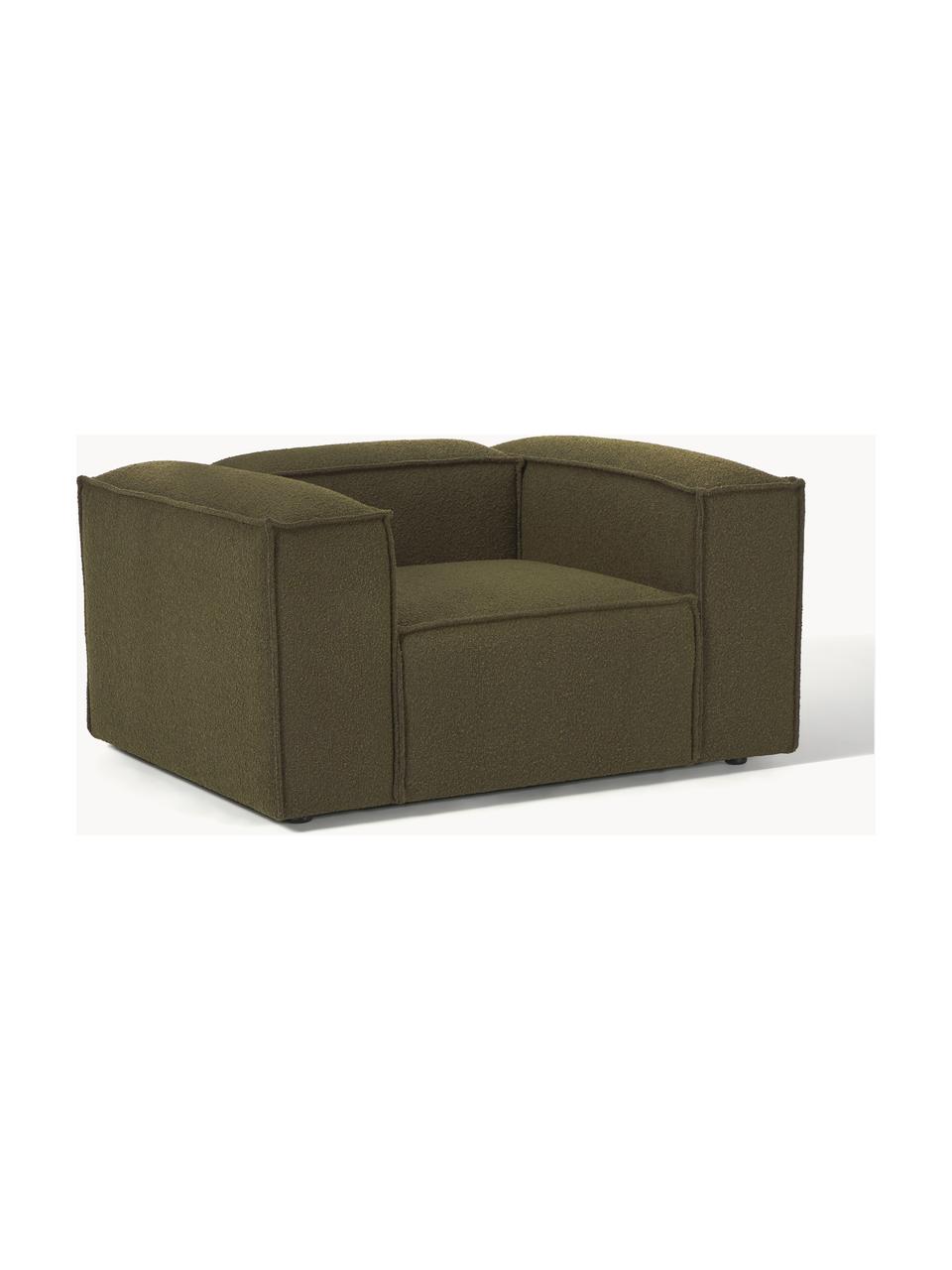 Sillón en tejido bouclé Lennon, Tapizado: tejido bouclé (100% polié, Estructura: madera contrachapada de p, Patas: plástico Este producto es, Bouclé verde oliva, An 130 x F 101 cm