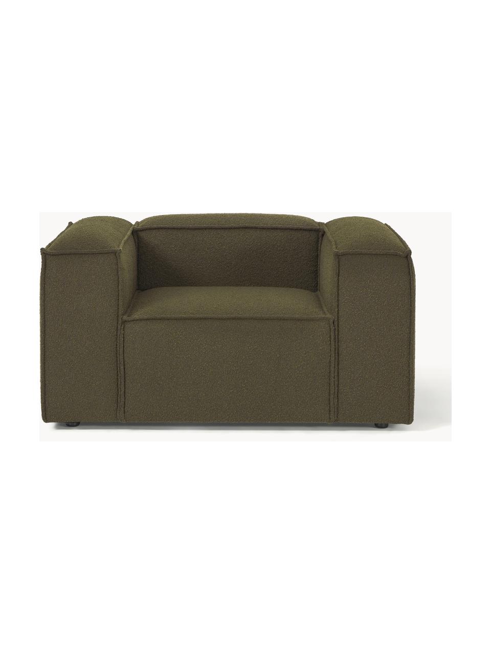 Sillón en tejido bouclé Lennon, Tapizado: tejido bouclé (100% polié, Estructura: madera contrachapada de p, Patas: plástico Este producto es, Bouclé verde oliva, An 130 x F 101 cm