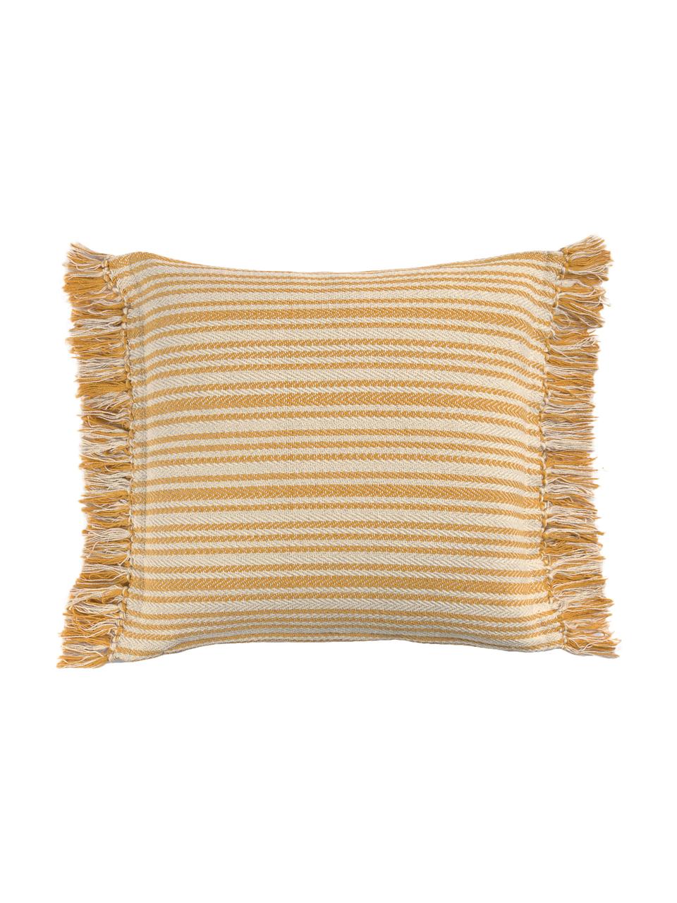 Housse de coussin à rayures Puket, Blanc cassé, jaune moutarde