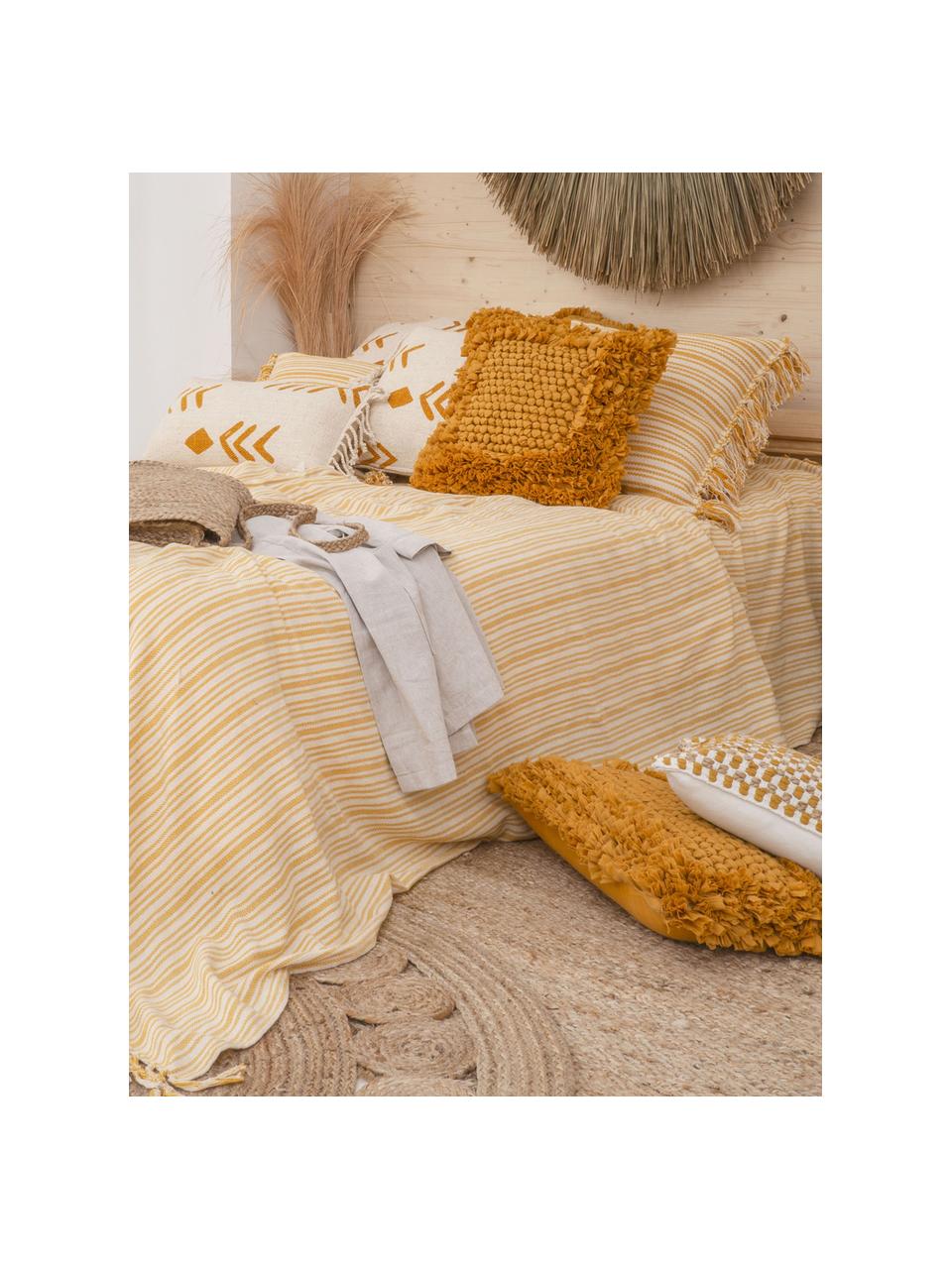 Housse de coussin à rayures Puket, Blanc cassé, jaune moutarde