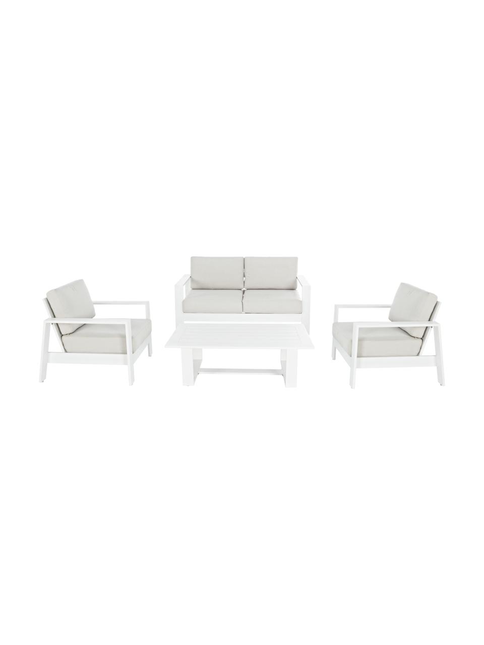Set lounge de exterior Atlantic, 4 pzas., Estructura: aluminio con pintura en p, Tapizado: poliéster, Blanco, gris claro, Set de diferentes tamaños