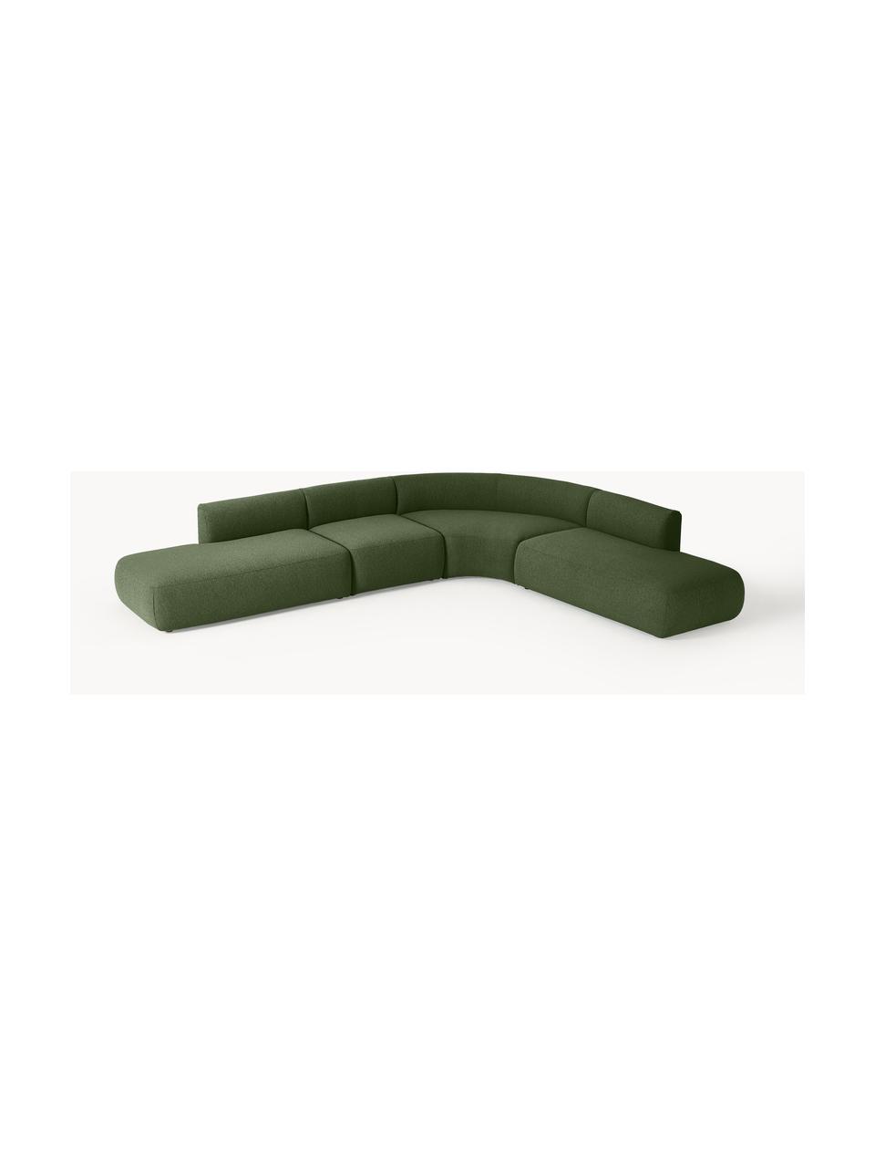 Narożna sofa modułowa bouclé Sofia (4-osobowa), Tapicerka: bouclé (100% poliester) D, Stelaż: drewno świerkowe z certyf, Nogi: tworzywo sztuczne, Ciemnozielony bouclé, S 385 x G 298 cm