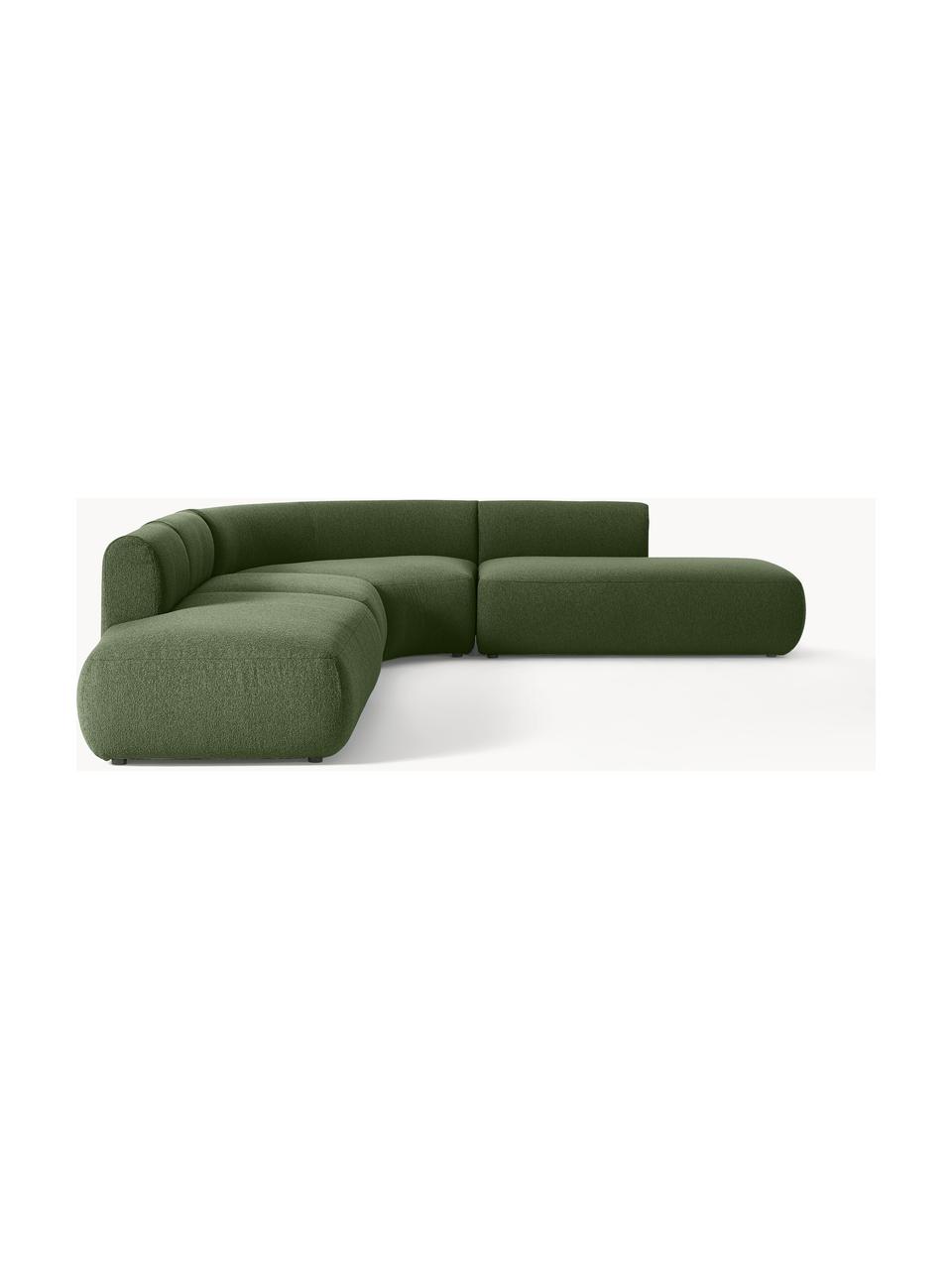 Narożna sofa modułowa bouclé Sofia (4-osobowa), Tapicerka: bouclé (100% poliester) D, Stelaż: drewno świerkowe z certyf, Nogi: tworzywo sztuczne, Ciemnozielony bouclé, S 385 x G 298 cm