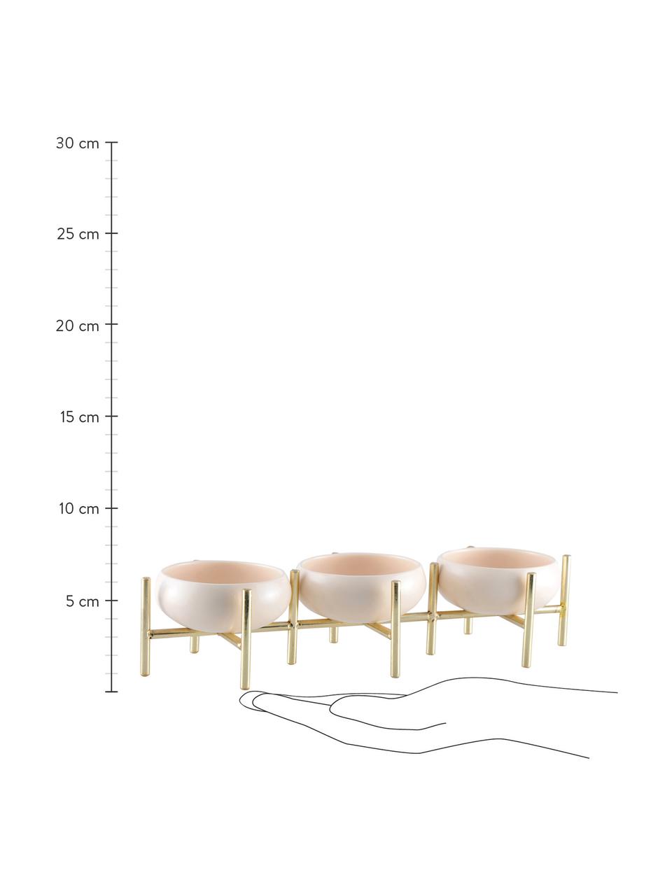 Dipschalen Paradise in beige met houder in goudkleur, set van 3, Frame: gecoat metaal, Goudkleurig, lichtbeige, 36 x 8 cm