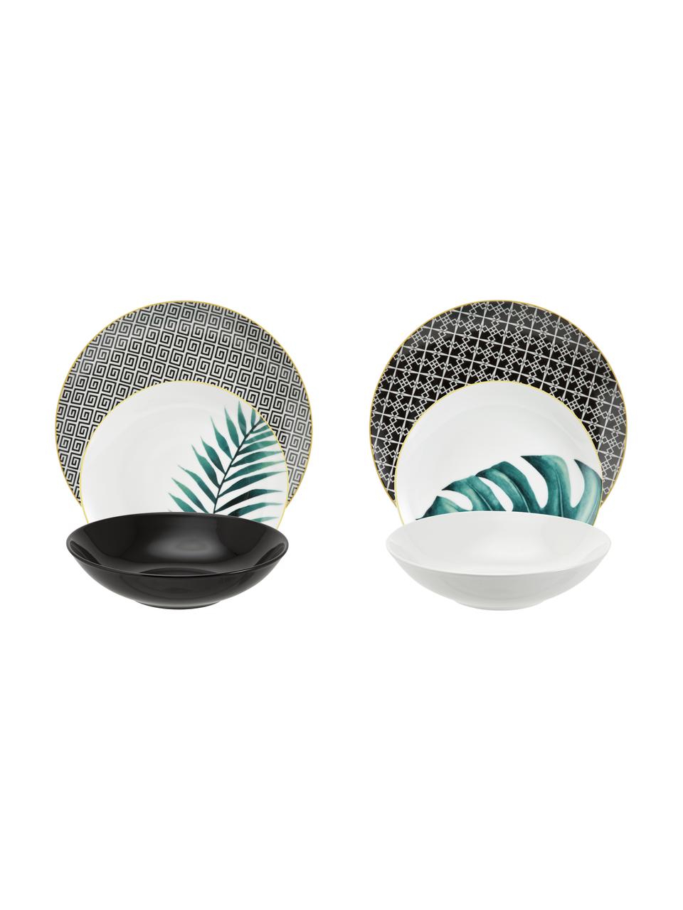 Geschirr-Set Urban Jungle, 6 Personen (18-tlg.), Grüntöne, Weiß, Schwarz, Gelb, Set mit verschiedenen Größen