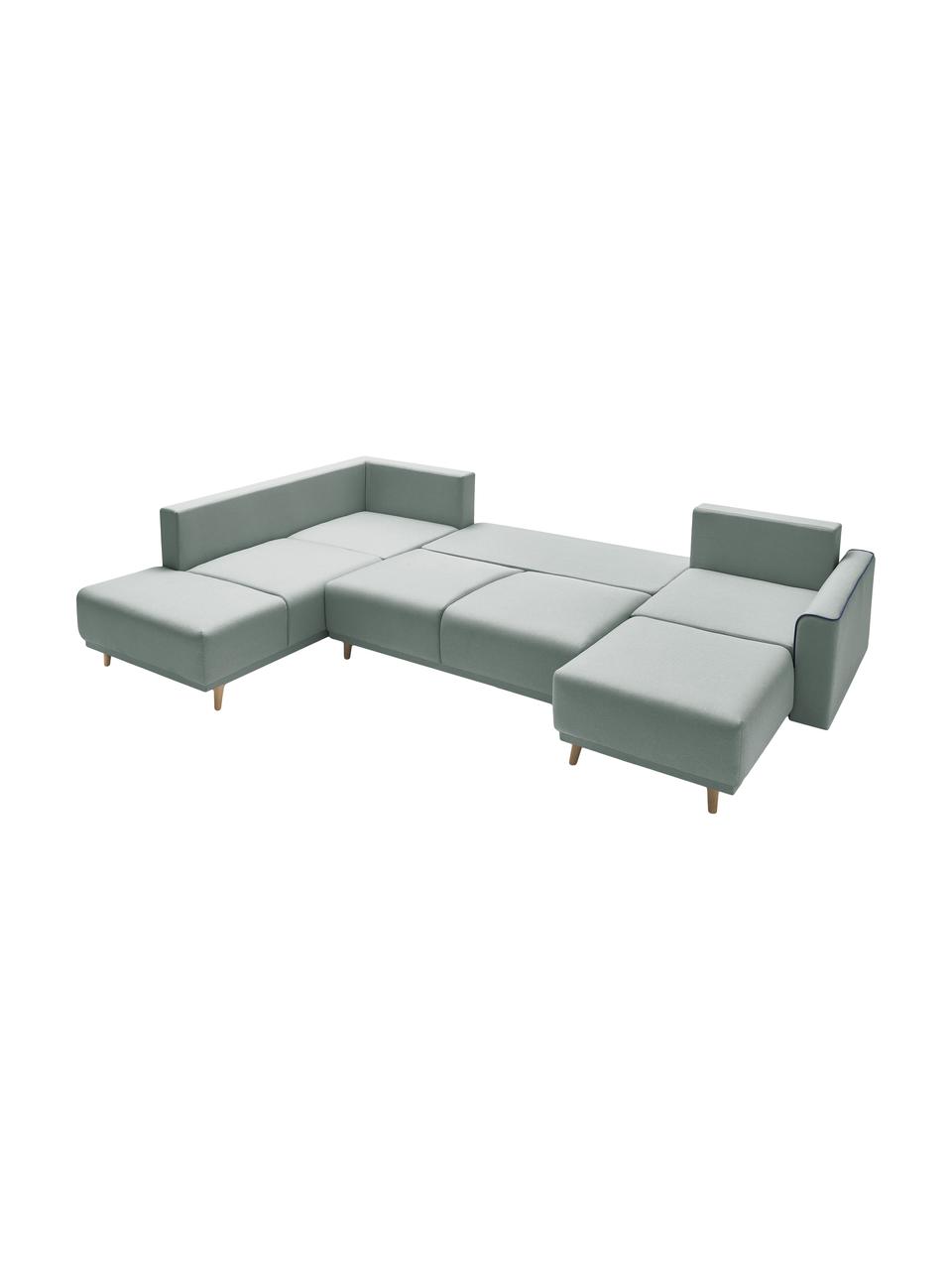 Divano letto angolare in tessuto verde menta con contenitore Mola, Rivestimento: poliestere, Verde, Larg. 324 x Prof. 215 cm